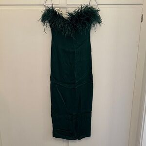 NWT Zara Green Feathered Strapless Dress Silky Formal Cocktail Event Maxi